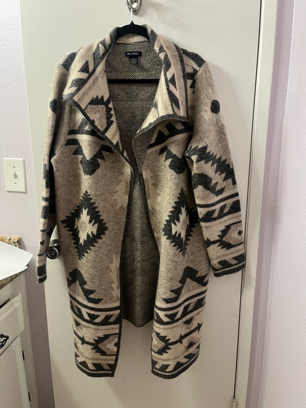 Max Edition Taupe & Black Aztec-Pattern Open Knit Cardigan NWOT L/PTP 28-38/L 36
